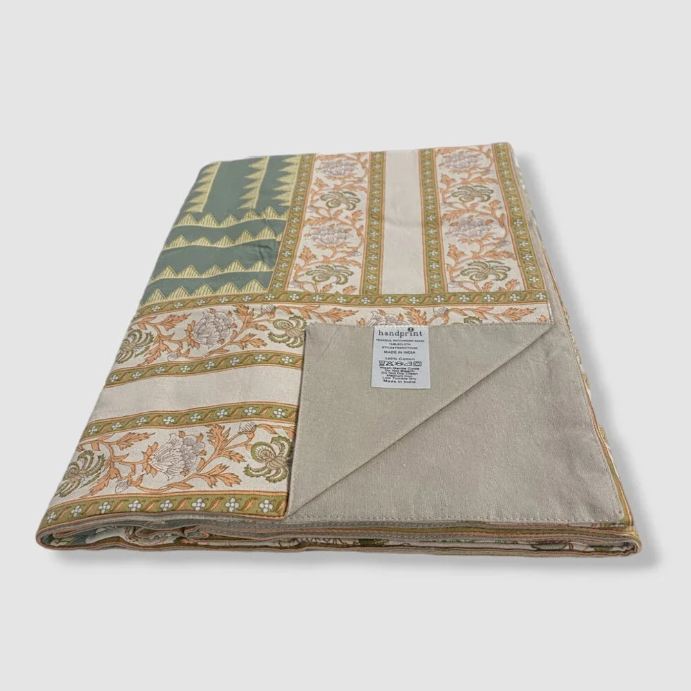 $195 Handprint Beige Tranquil Patchwork Tablecloth 60 x 60
